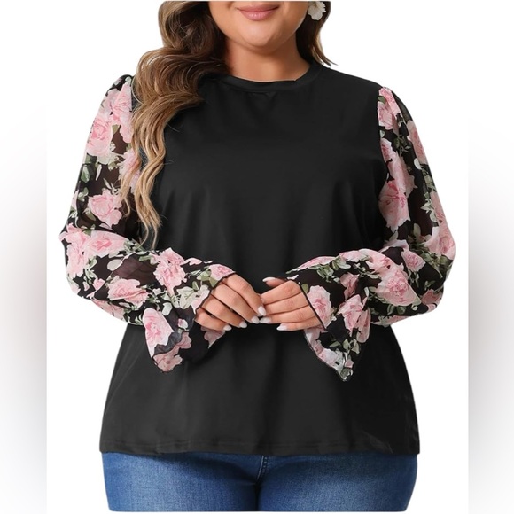 Agnes Orinda Plus Size Tops for Women Crew Neck Floral Printed Long Sleeve 2X - Picture 4 of 9